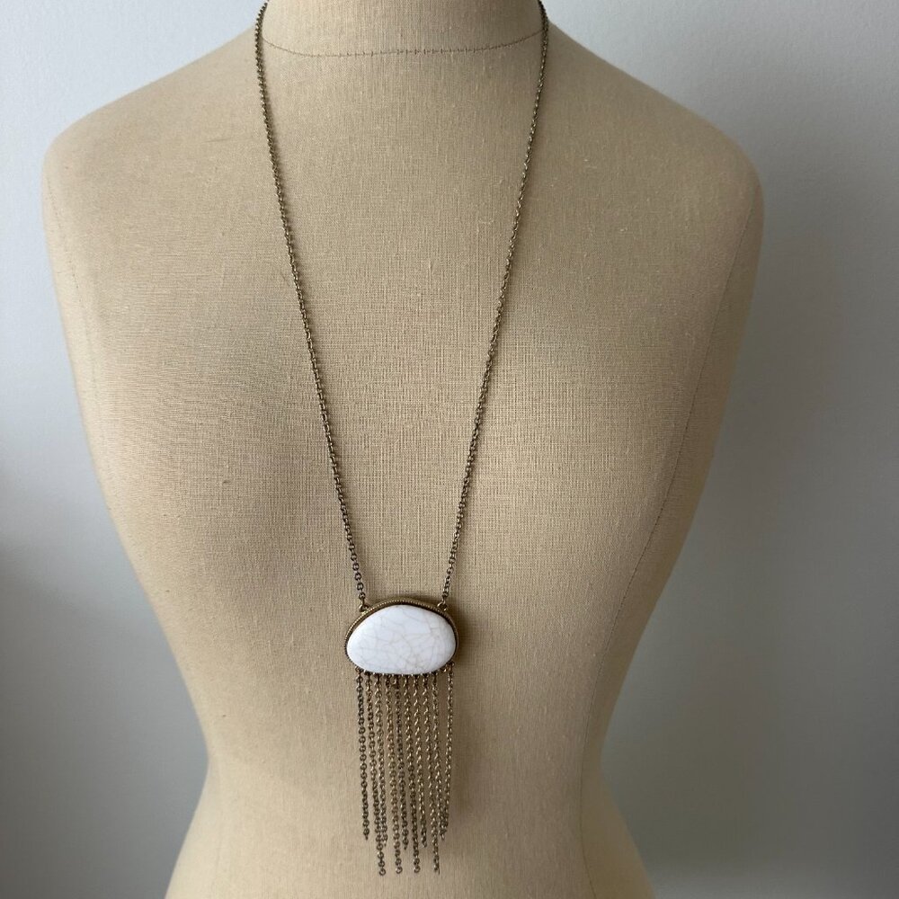White Stone Pendant Necklace – Boho Fringe Design